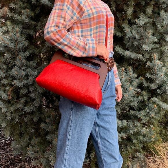 Vintage Style Handmade Genuine Embossed Leather Large Wooden Frame Bag/Crossbody - Picture 12 of 16